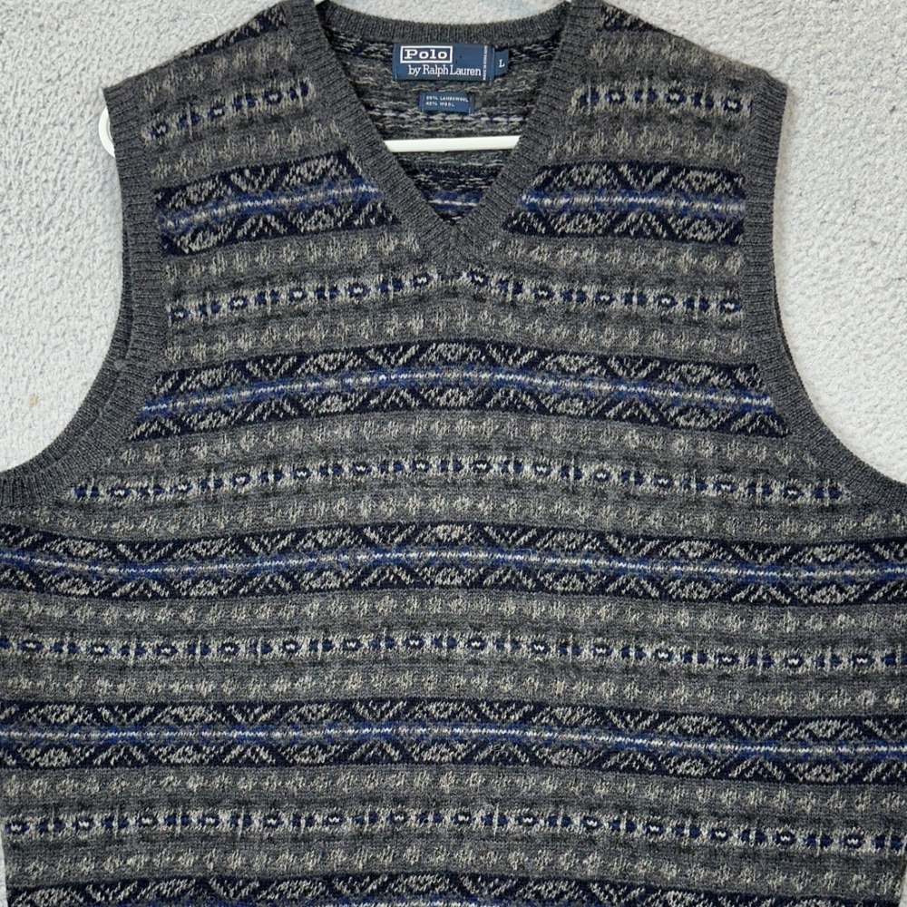 Vintage Polo Ralph Lauren Sweater Vest Men Large Lambswool Grey Fair Isle V-Neck